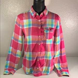 Hollister Pink Plaid Long Sleeve Button Down Top